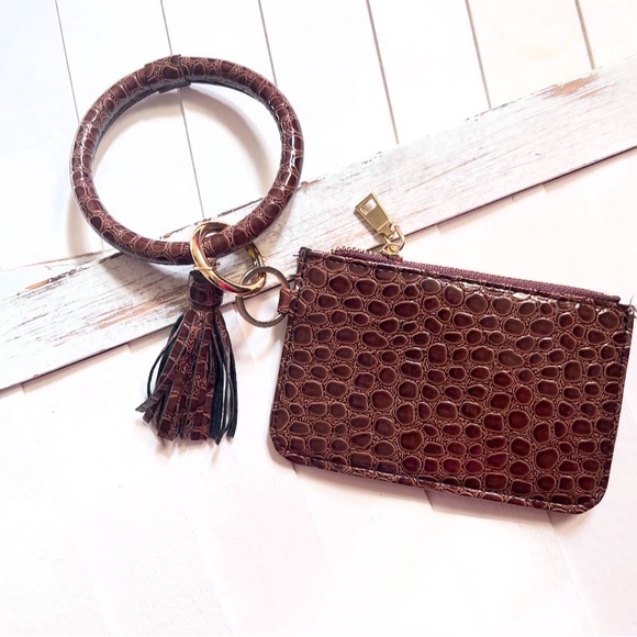 Handbags - Brown Croc-Embossed Wristlet Keyring with Tassel